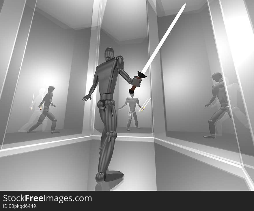 3D warrior in silver mirror room