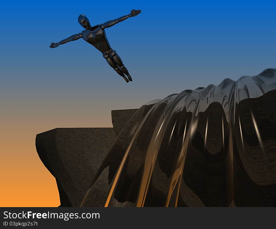 3D image of a man jumping from the waterfall. 3D image of a man jumping from the waterfall