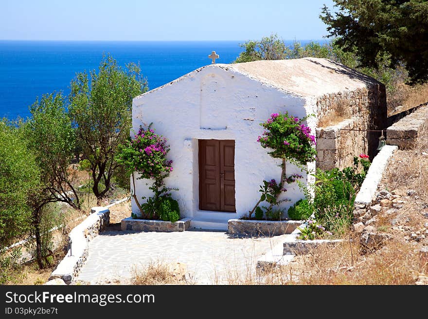 White small chapel in Lindos.Rhodes island, Greece