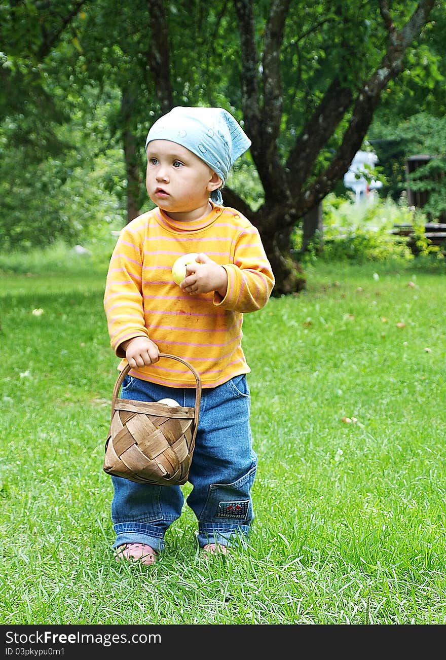 Little girl holds a basket with apples in a hand. Little girl holds a basket with apples in a hand