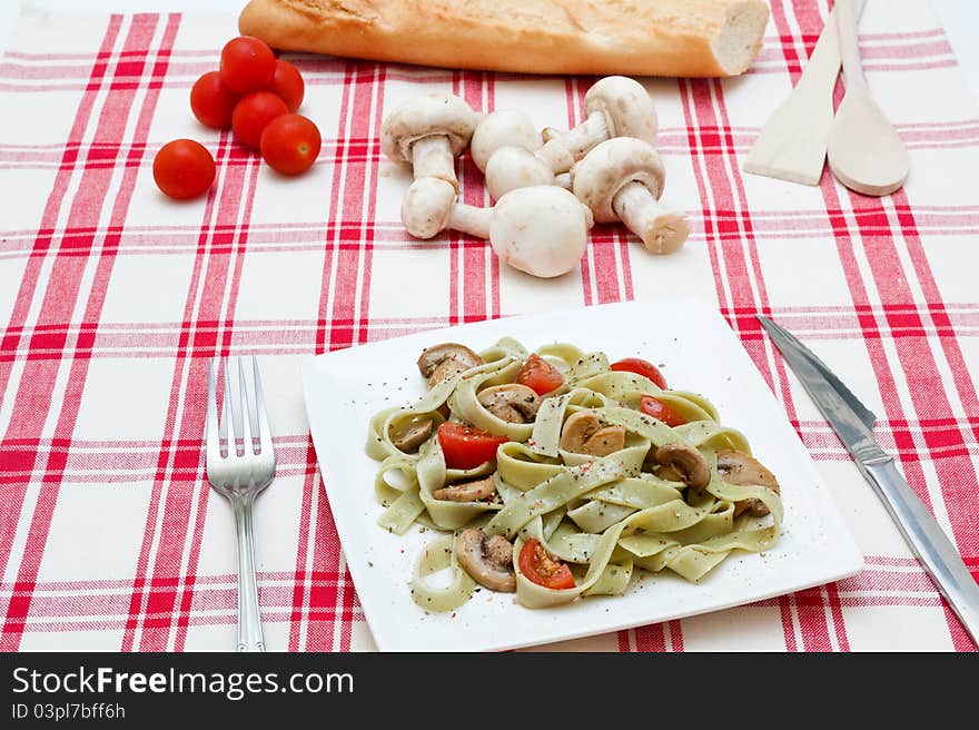 Tagliatelle with mushrooms and cheese Mediterranean food