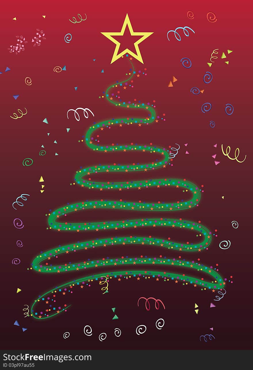 Christmas tree and confetti on a red background