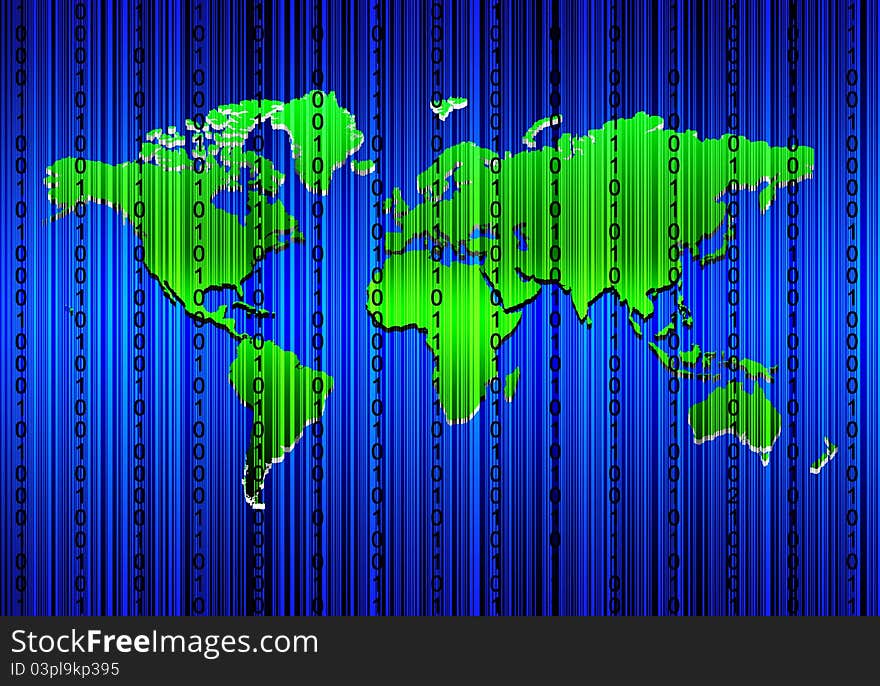 Binary code and world map. Binary code and world map