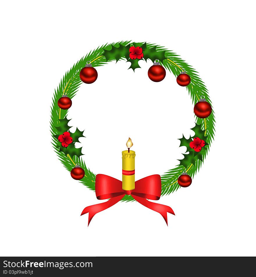 Happy Christmas concept-Christmas wreath with red bow and candle,isolated on white background