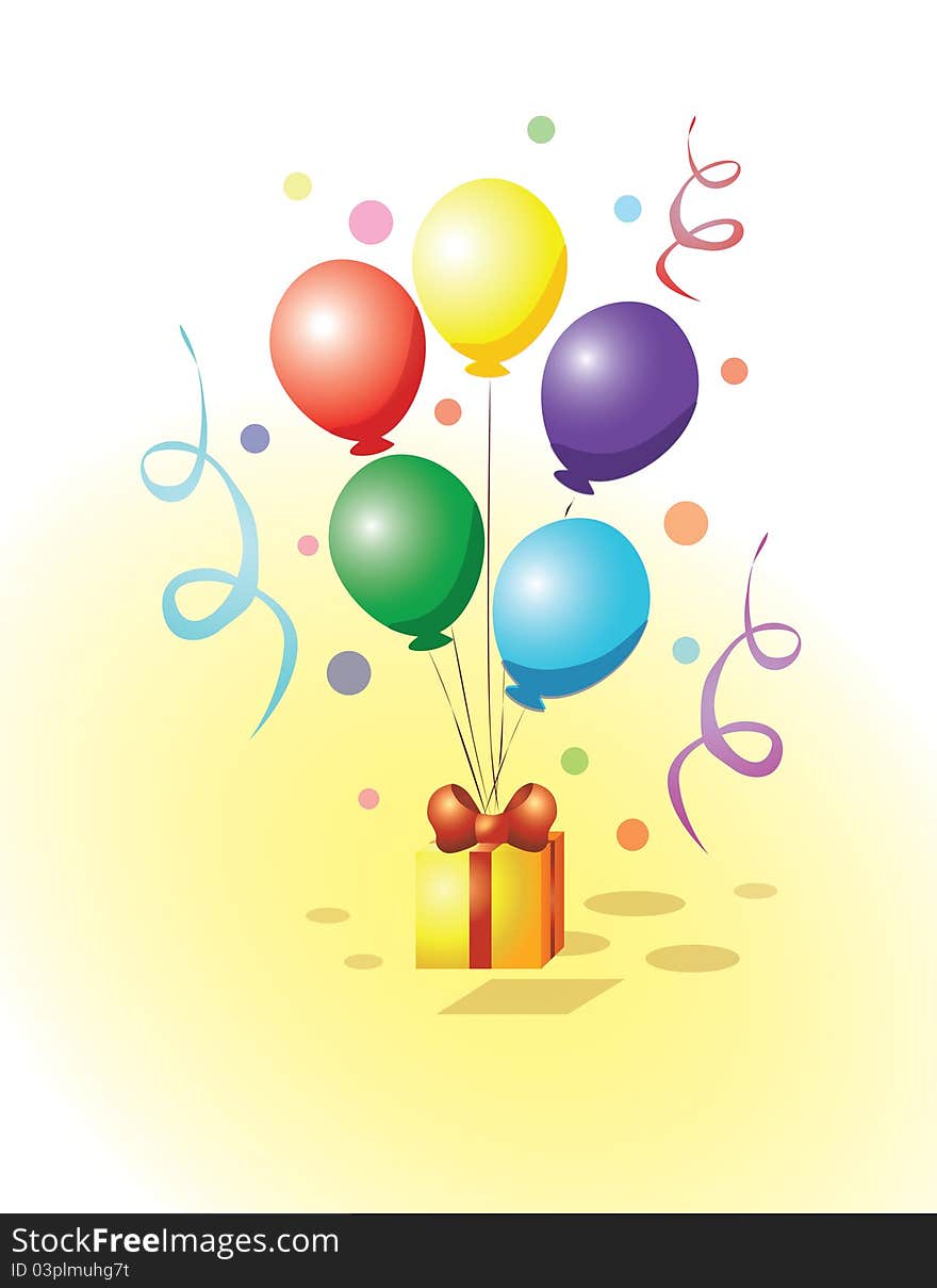 A vector graphic image with balloons holding a present.