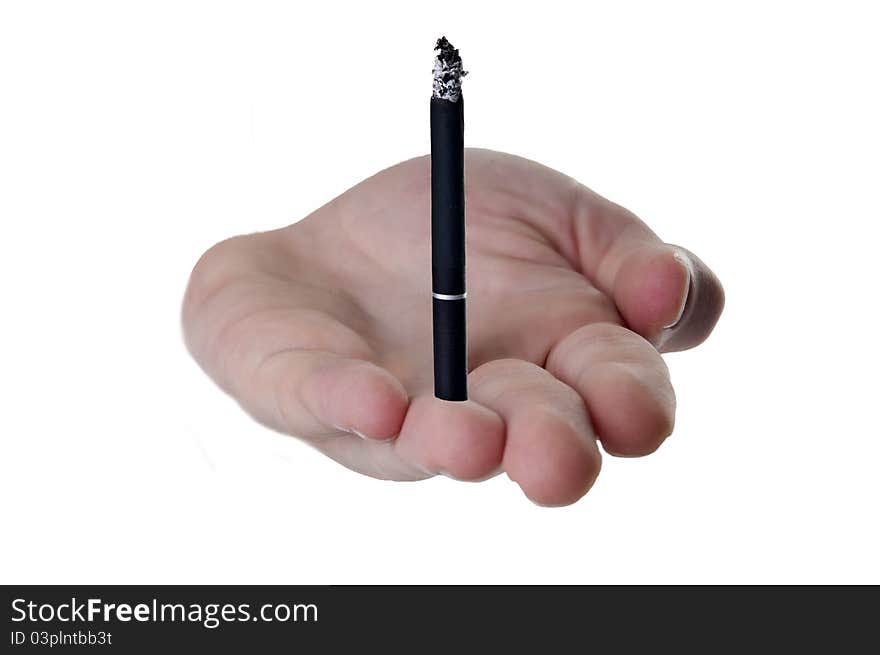 Isolated hand with a cigarette on the figertips. Isolated hand with a cigarette on the figertips