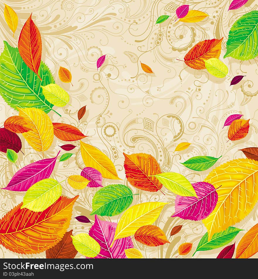 Brightly colored autumn leaves on the floral background. Brightly colored autumn leaves on the floral background