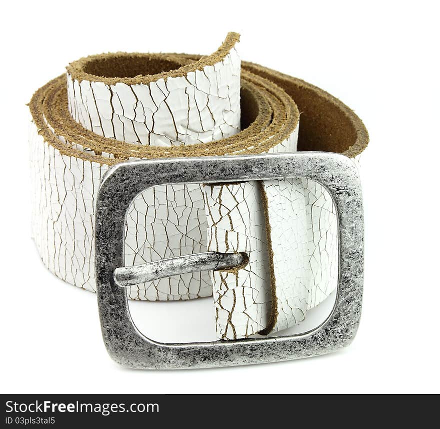 White leather belt with a silver plaque on a white background