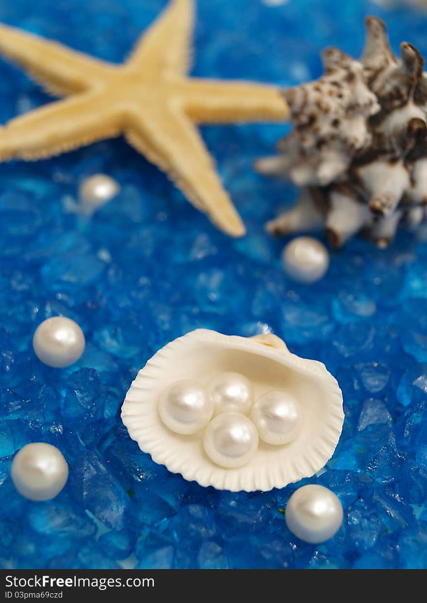 Shells,sea star and pearls isolated on interesting blue background ,made of little blue rocks. Shells,sea star and pearls isolated on interesting blue background ,made of little blue rocks