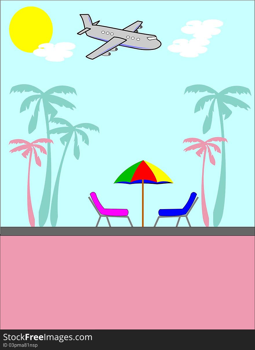 Airplane landing in resort area with beach palms and umbrella. Airplane landing in resort area with beach palms and umbrella