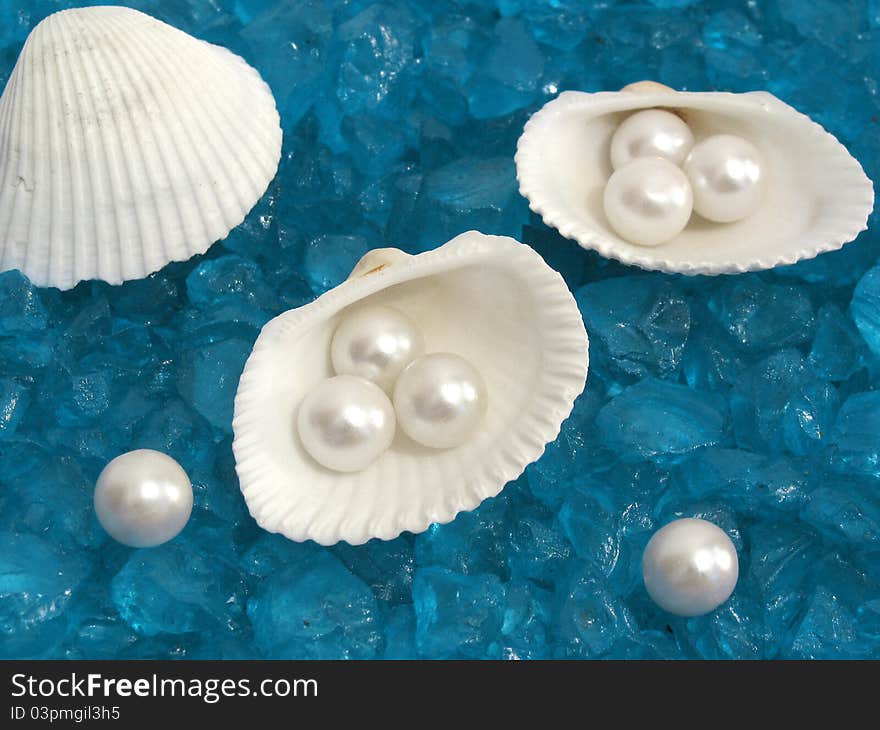 White shells and pearls isolated on interesting blue background ,made of little blue rocks. White shells and pearls isolated on interesting blue background ,made of little blue rocks