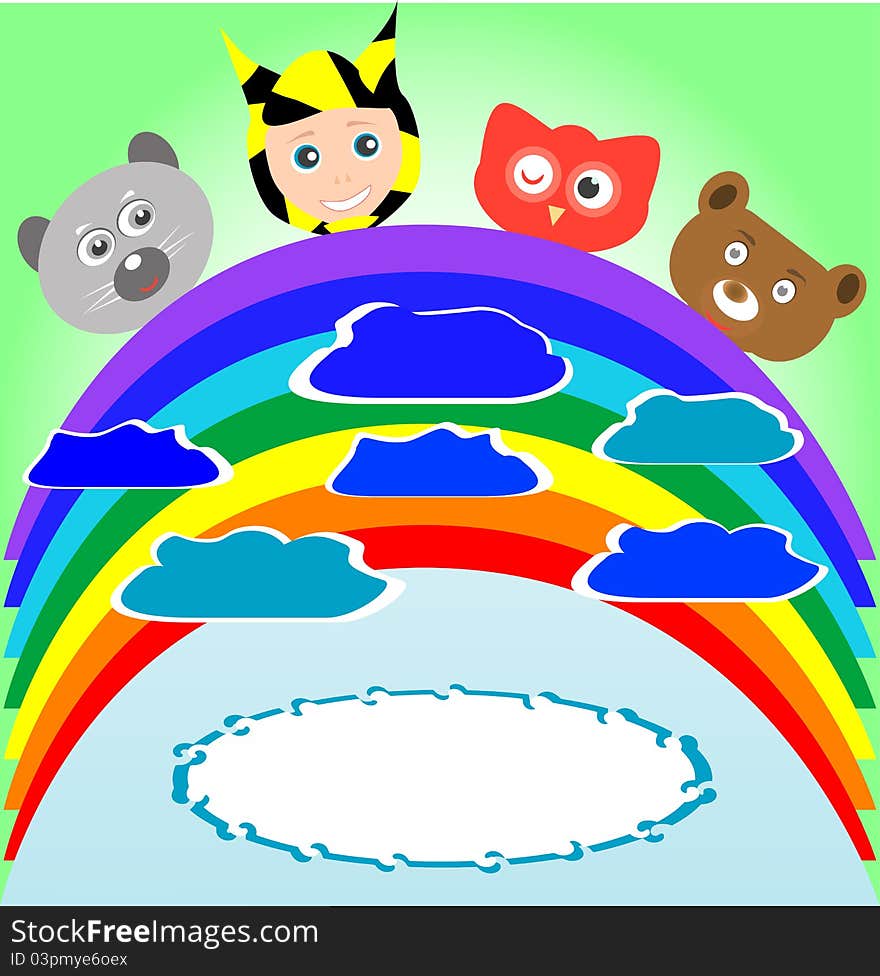 Cute kid and smile animals viewing rainbow