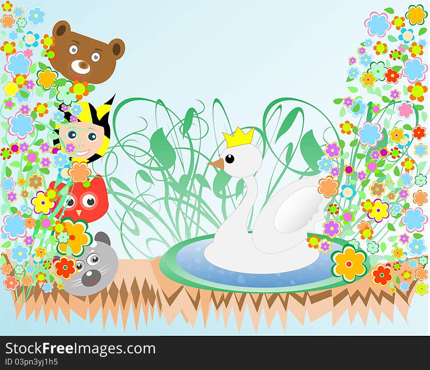 Cute baby boy and animals viewing duck with crown background