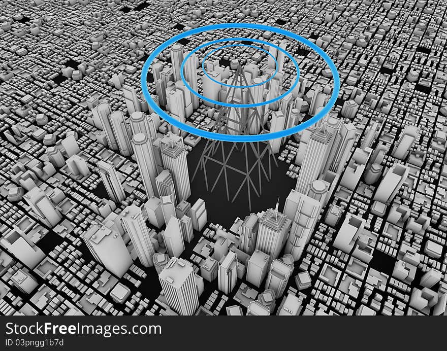 Render of a big city with a wireless tower. Render of a big city with a wireless tower