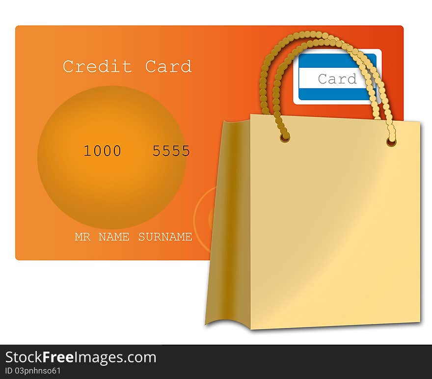 Credit card and golden shopping bag isolated on white background. Credit card and golden shopping bag isolated on white background