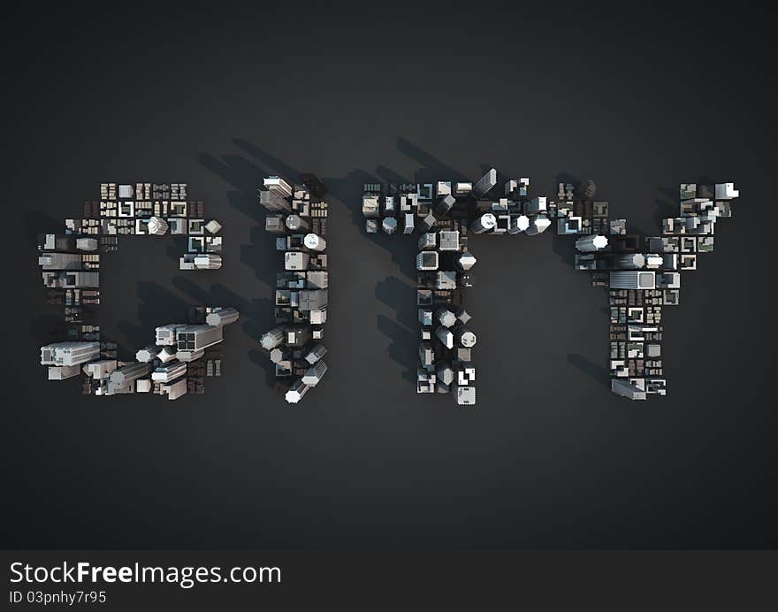 Render of the word city written with buildings. Render of the word city written with buildings