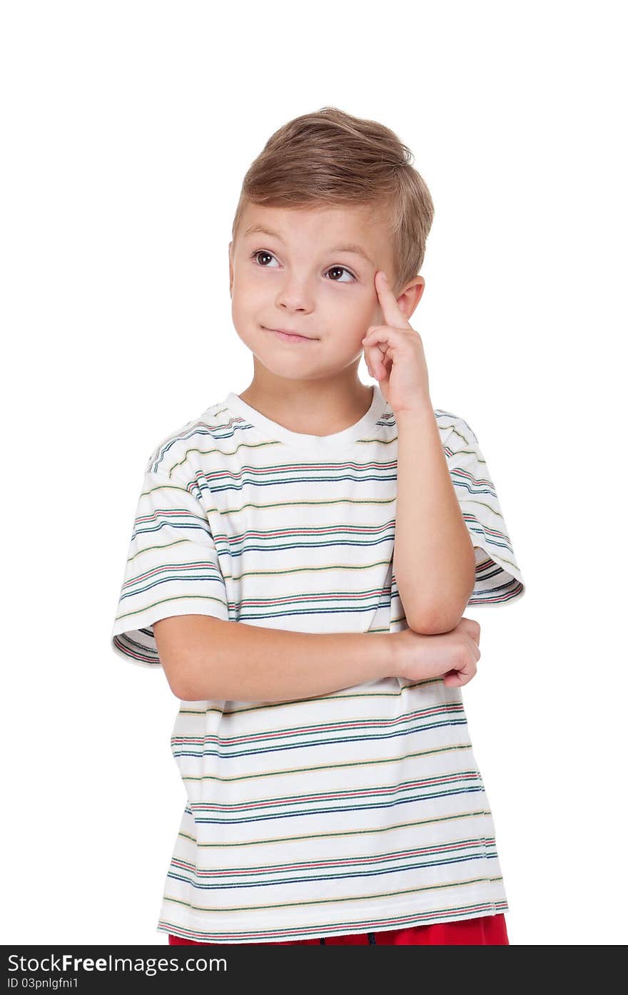 Portrait of emotionally kid. Funny little boy isolated on white background. Beautiful caucasian model.