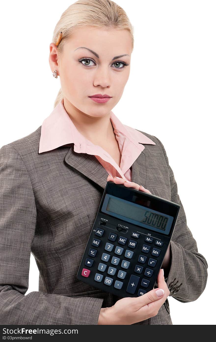 Young businesswoman with calculator - isolated on white background