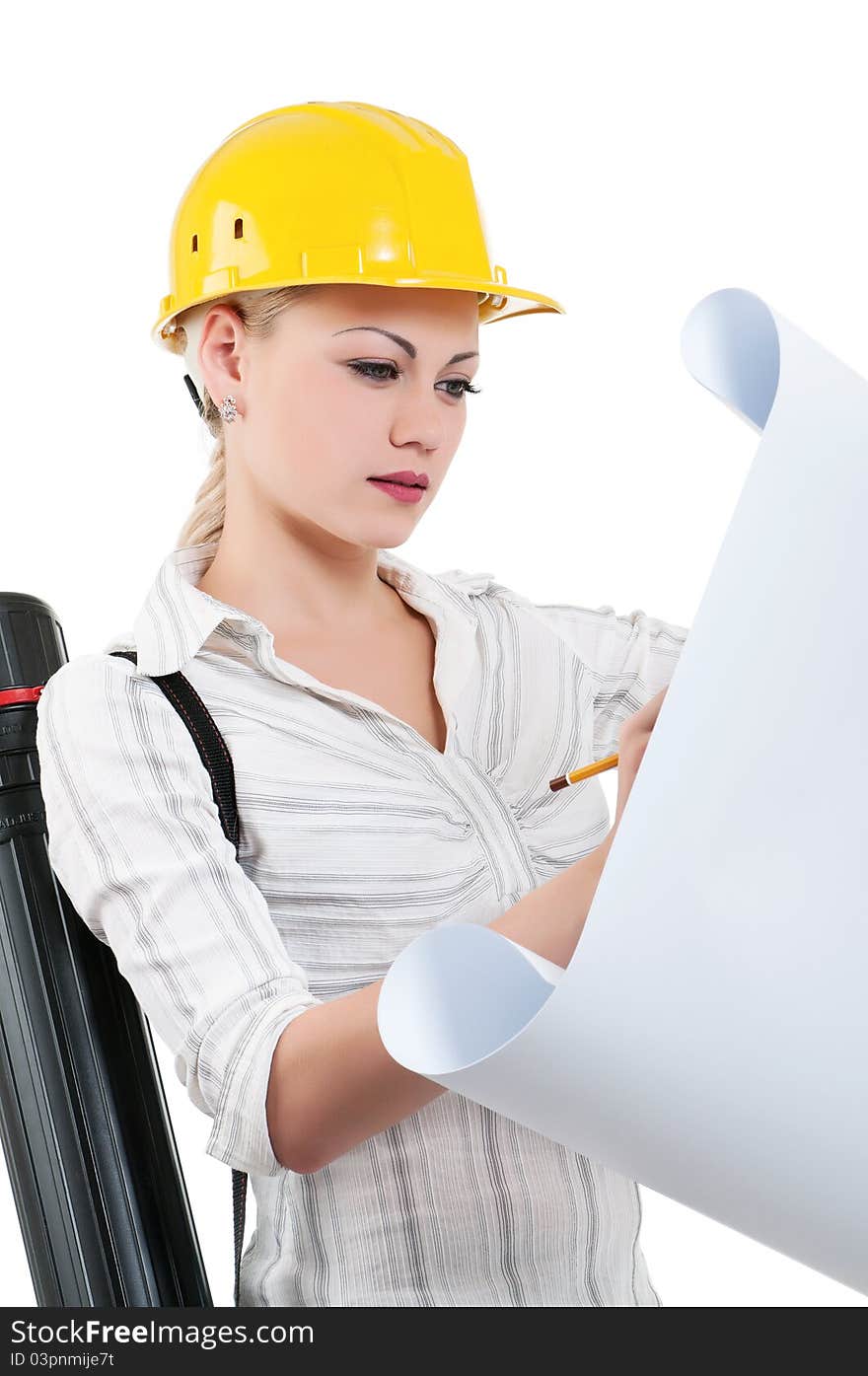 Portrait of attractive architect girl with hard hat - isolated on white background