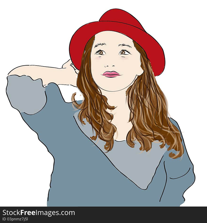Vector girl hand-painted with Red Hat. Vector girl hand-painted with Red Hat