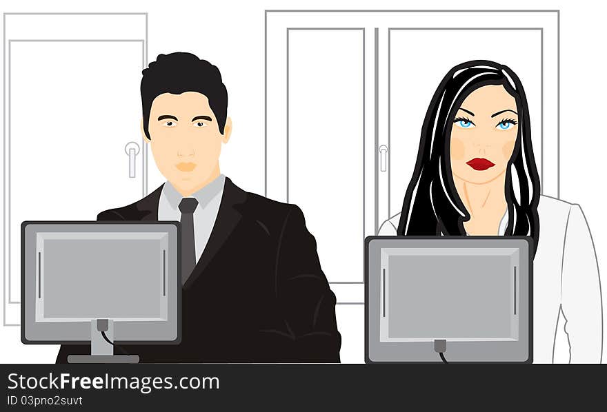 Man And Woman Sit For Computer In Office