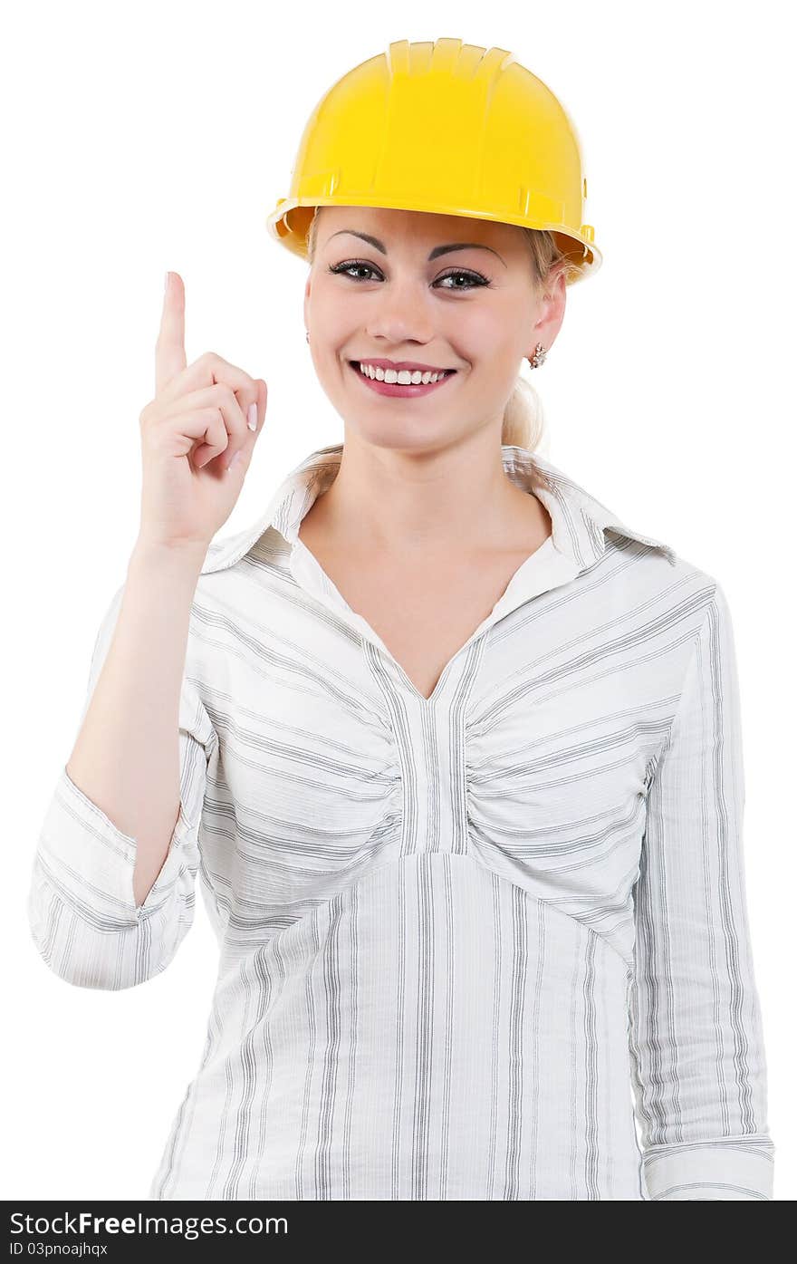 Portrait of attractive architect girl with hard hat - isolated on white background