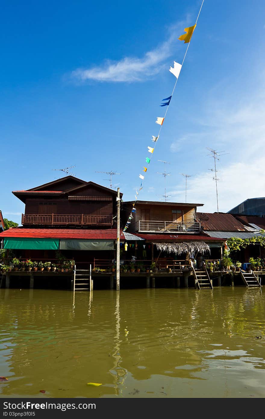 Waterfront house in thai style, Bangnoi floating market, samutsakorn