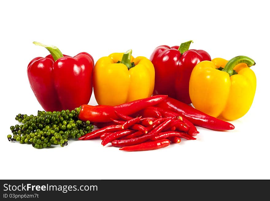 Mix chili and pepper on the white background