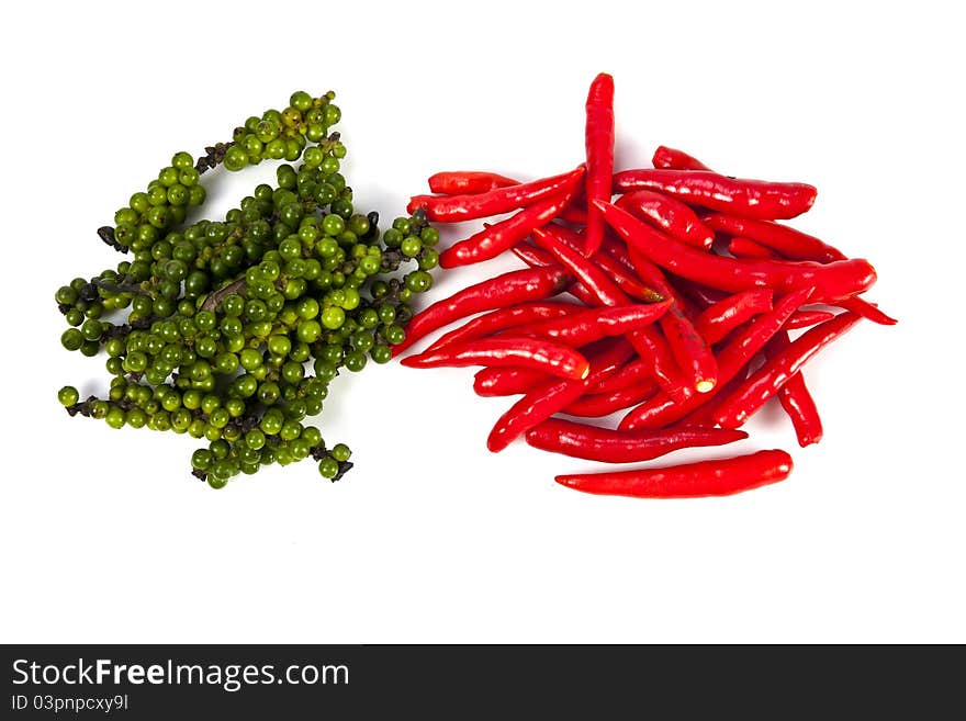 Peppercone and chili on the white background