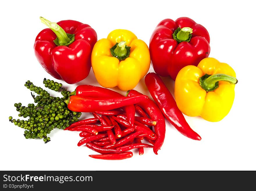 Mix chili and pepper on the white background