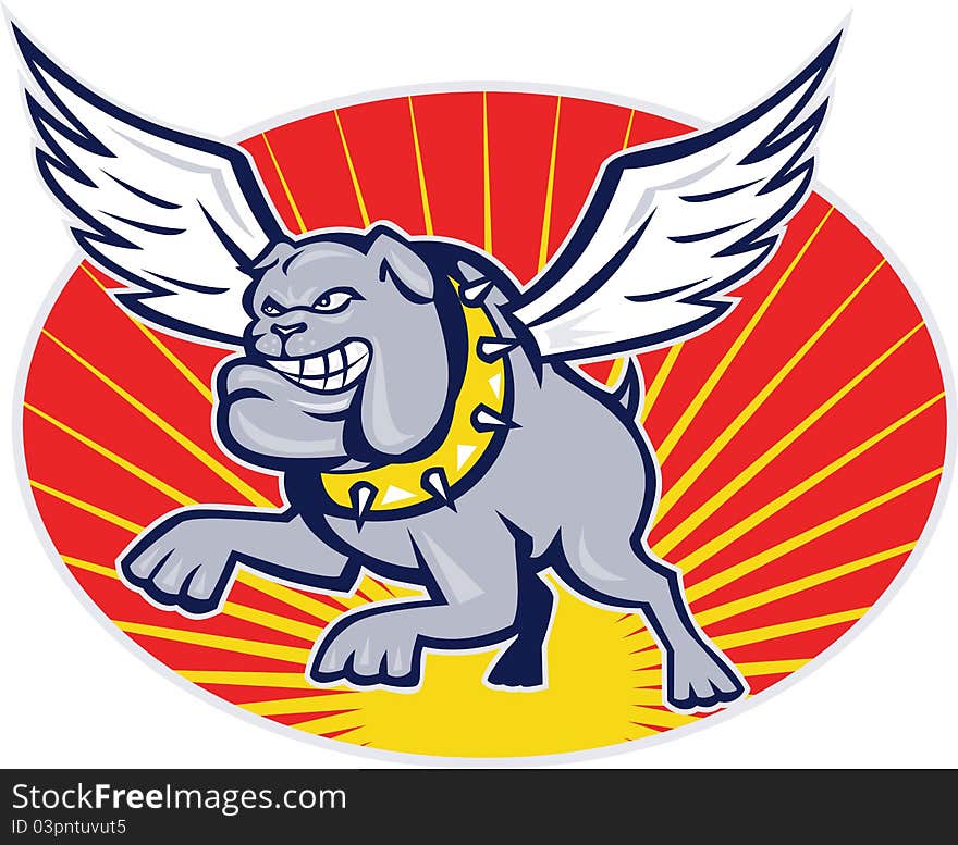 Bulldog mongrel dog with wings flying