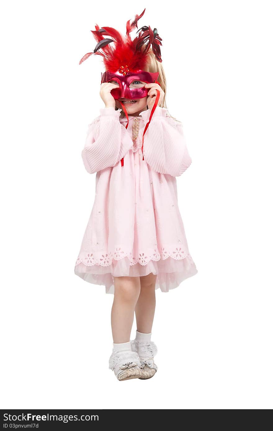 Little girl in a red mask in studio isolated on a white background