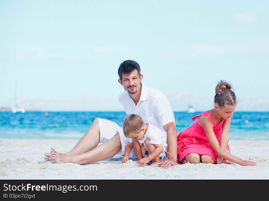 Portrait of happy young father with her child on tropical vacation. Portrait of happy young father with her child on tropical vacation