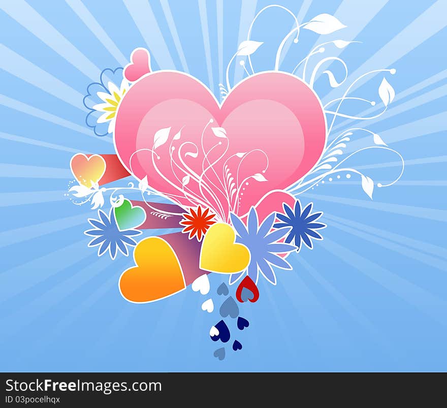 Pink and colorful hearts with floral elements on the sunburst background. Pink and colorful hearts with floral elements on the sunburst background