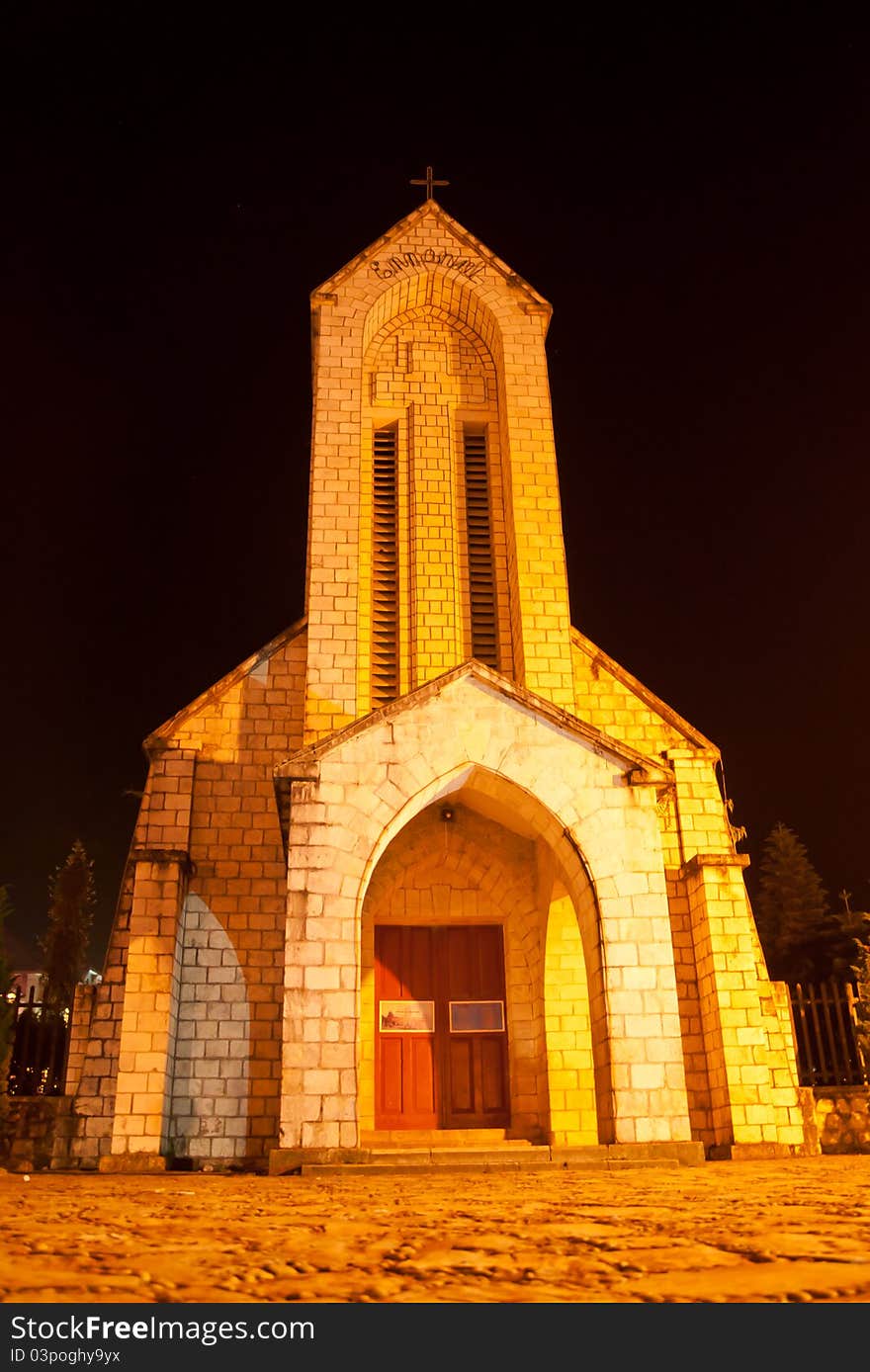 A french church in the evening lights. Was built by the French in Sapa town during occupation of Vietnam.