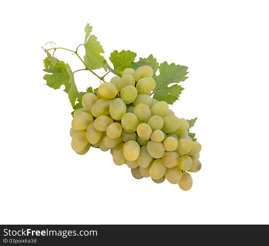 Bunch of fresh grapes and leaves isolated on white