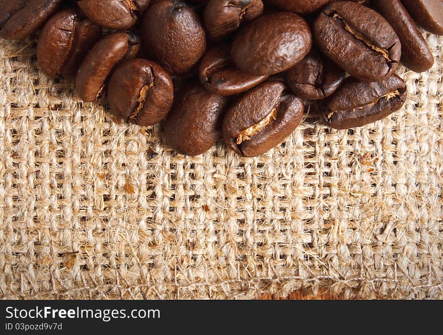 Roasted coffee beans on textile