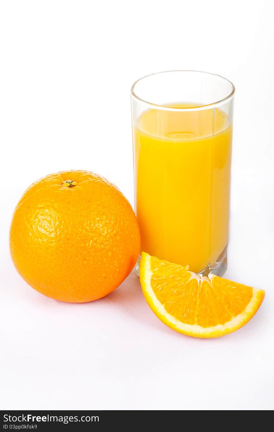 Orange juice and fruit isolated on white