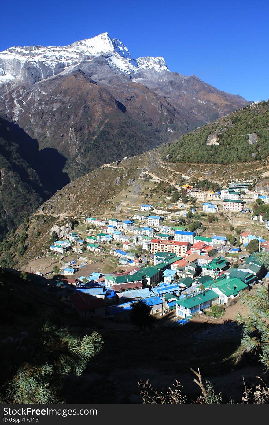 Veiw looking down on Namche Bazaar taken on a walk throught the Everest Mountain range.