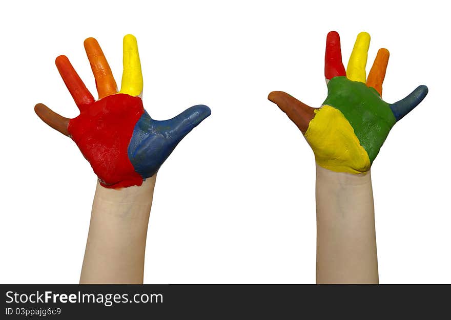 Child hands painted in colorful paints ready for hand prints