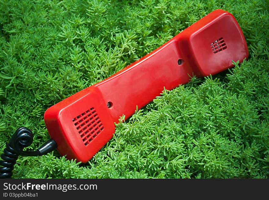 Red and old telephone on a green grass background