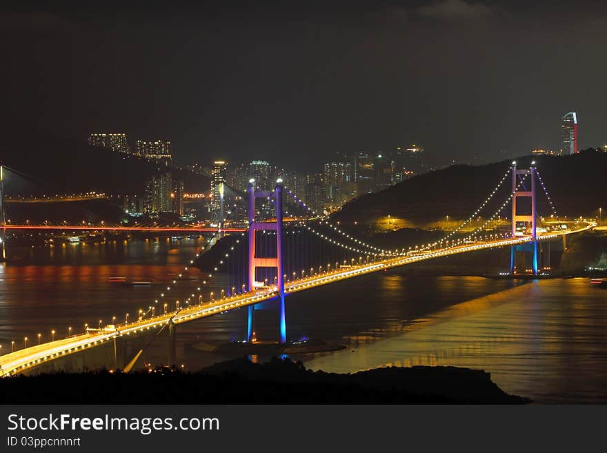 Tsing Ma Bridge at night in Hong Kong