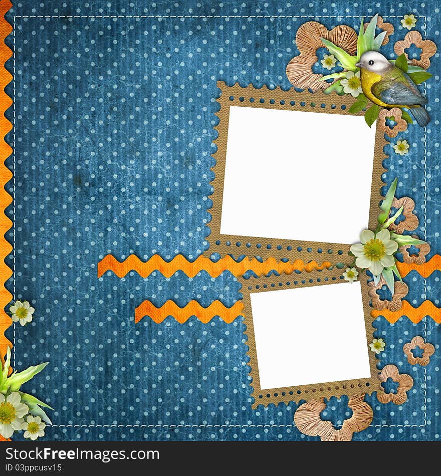 Beautiful layout with photo frames, bird, decorative flowers, wavy stripes