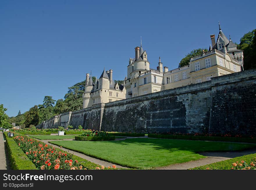 The castle of Ussé is known for having the design of the sleeping beauty castle . the picture was shot at the end of the afternoon.