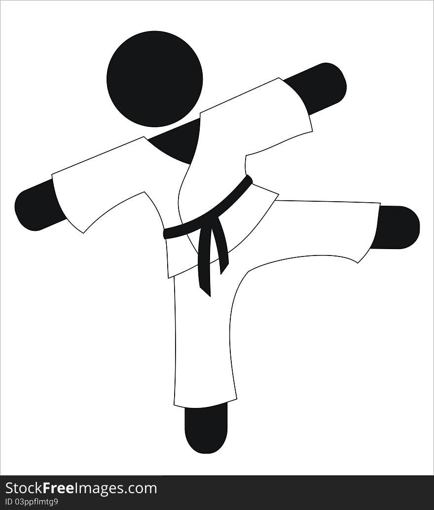 A karateka kicking in a training in black and white. A karateka kicking in a training in black and white