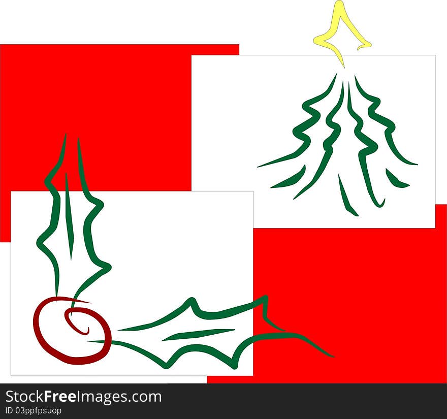 Christmas card in red and white with a tree