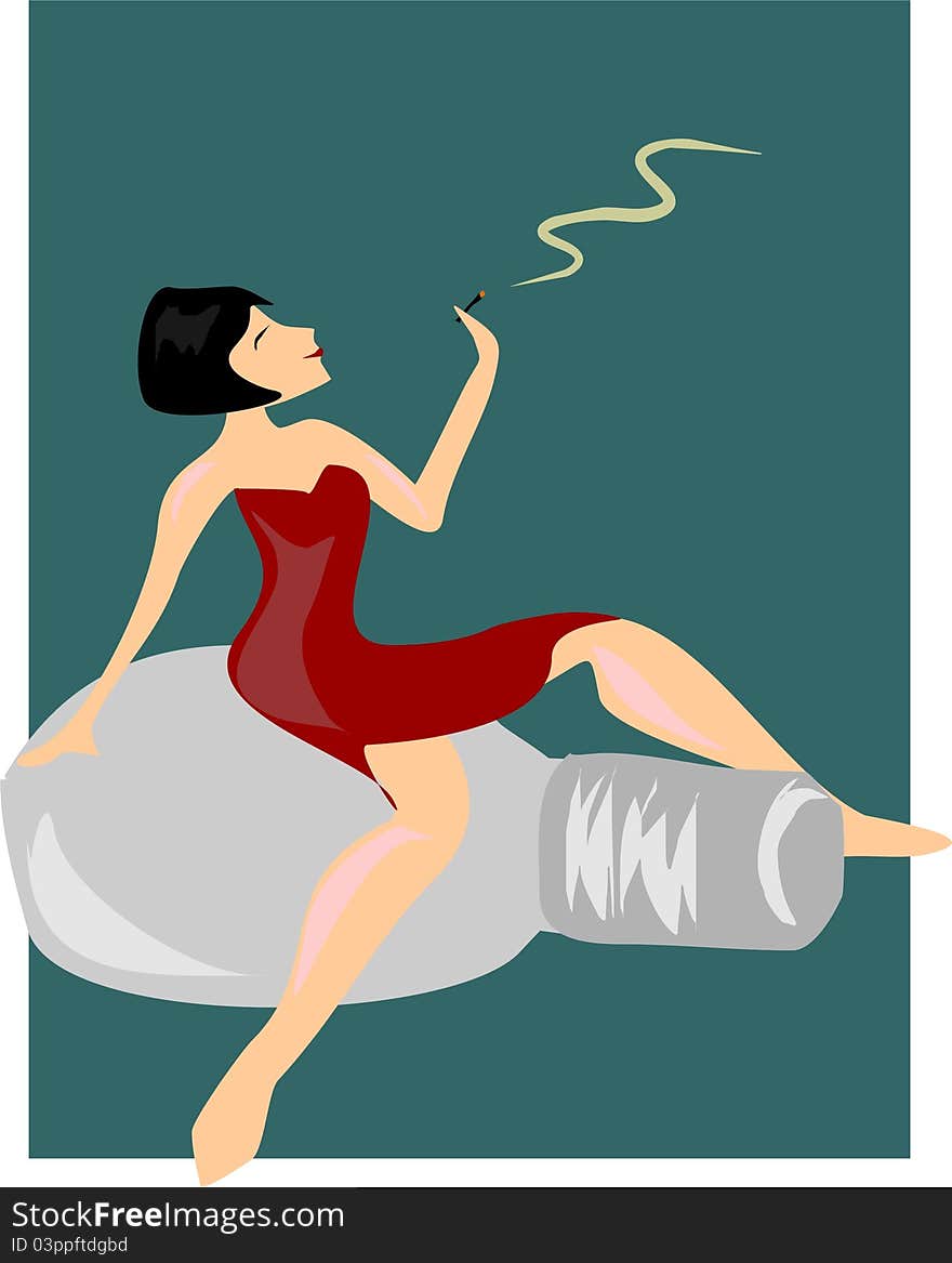 Smoking woman sitting in a perfume bottle