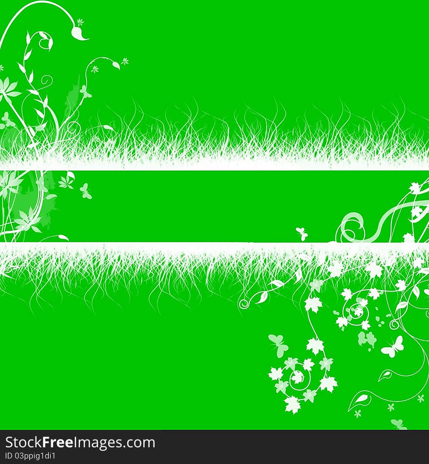 A bold green background with a white grass copyspace and floral patterns. A bold green background with a white grass copyspace and floral patterns