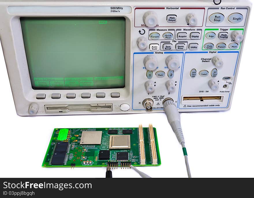 Workplace for the repair of electronics. Oscilloscope and the board on a white background