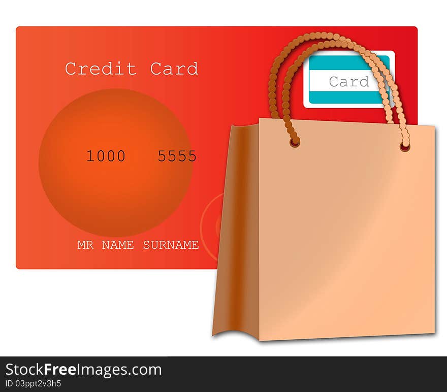 Credit card and golden shopping bag isolated on white background. Credit card and golden shopping bag isolated on white background